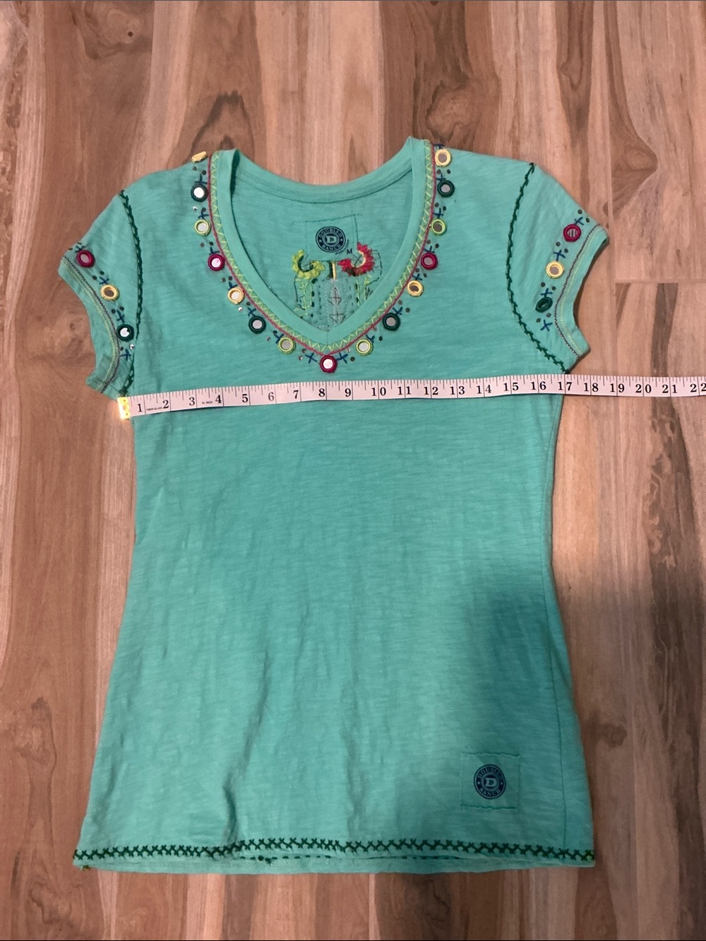 Women's Double D Ranch Teal Embroidered V-Neck Top - Picture 6 of 8